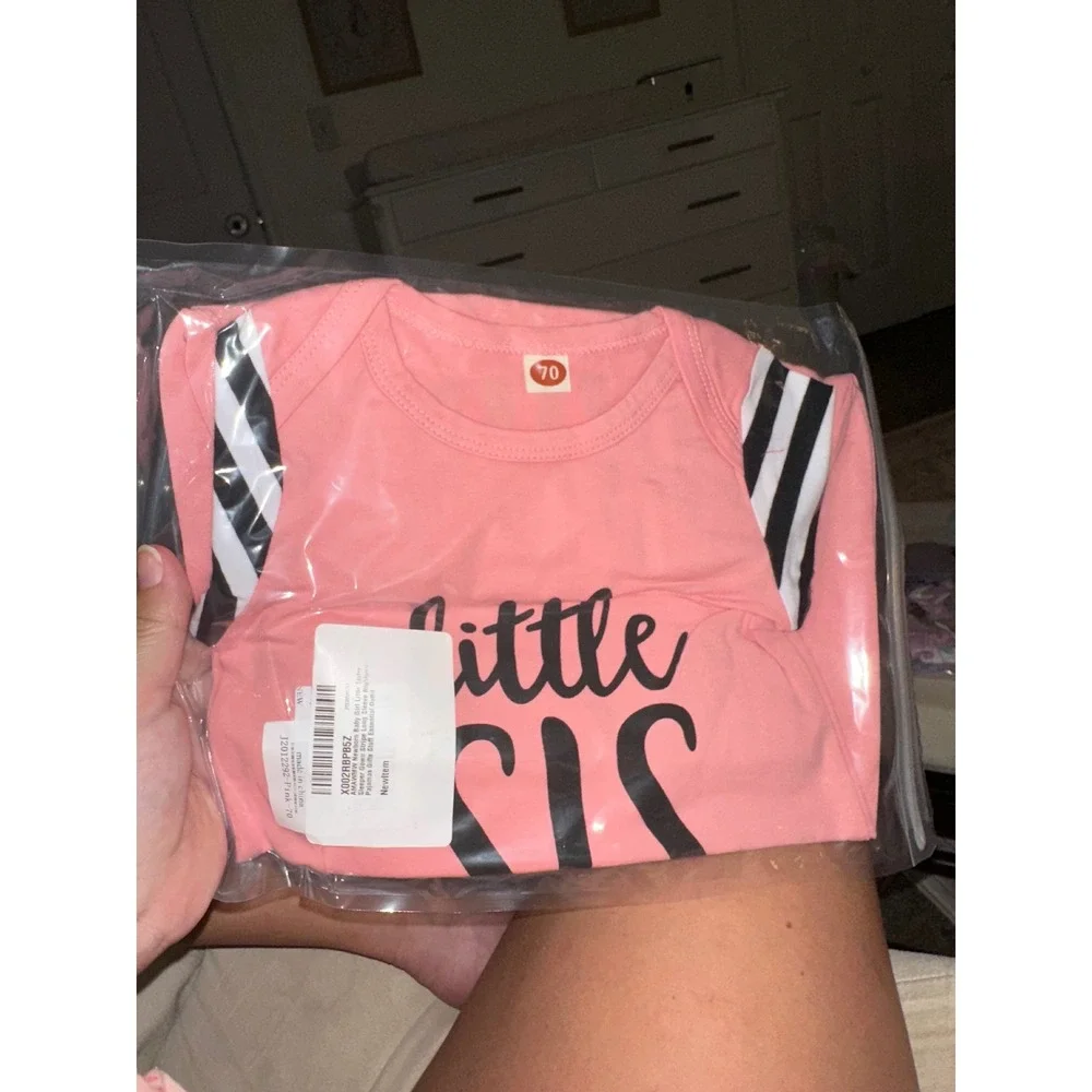 Newborn Baby Girl Little Sis Sleep Gown and Headband Set Pink Striped Size 70
